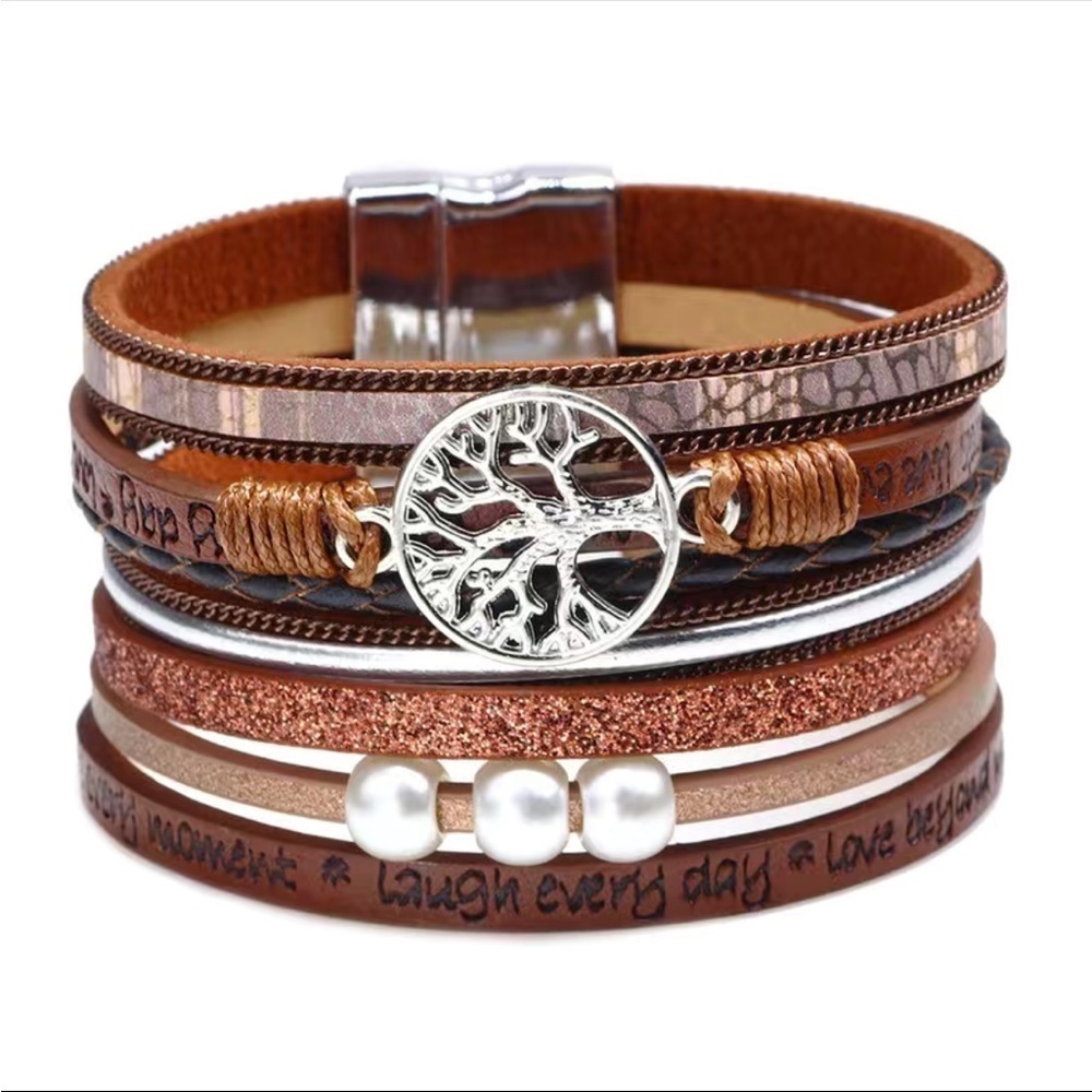 Hollow Tree Of Life Letters Pearl Women's Leather
Bracelet